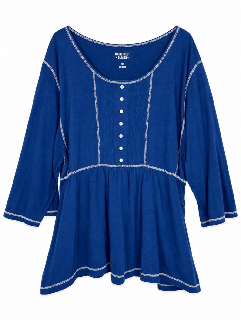 Mainstreet Blues Women's 5X Blue Tunic Top White Contrast Stitching Henley Neck